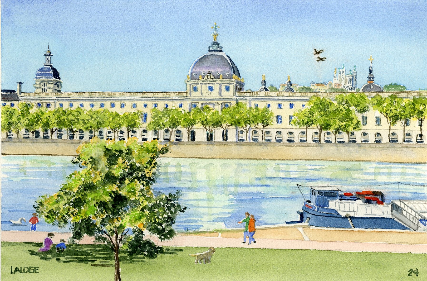 2024-18 - Lyon Quai du Rhône Hôtel Dieu en été - cadre 30x40 - S